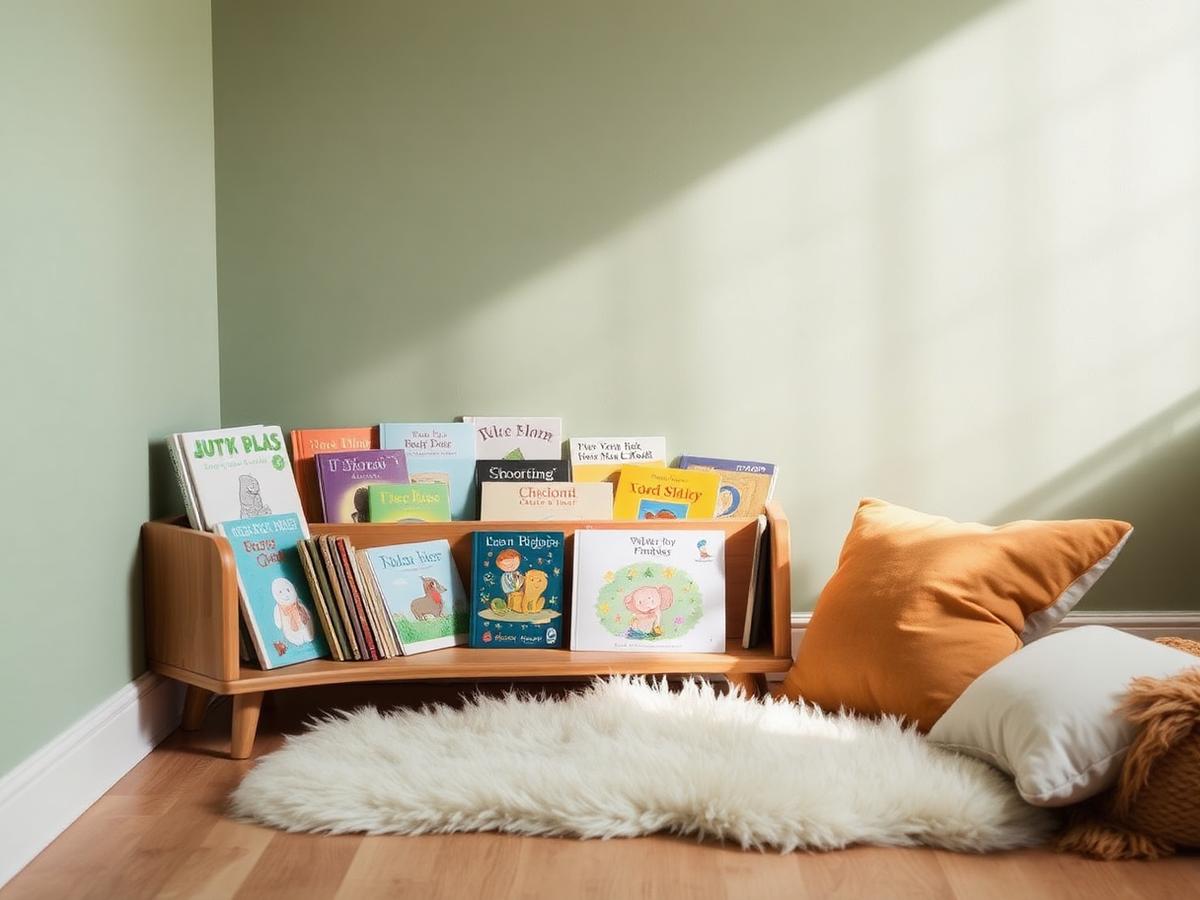 Low wooden bookcase with picture books facing outwards, a sheepskin rug and soft cushions against a sage green wall