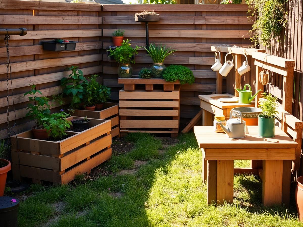 Small garden with raised wooden planters, herbs, watering cans and a pallet mud kitchen in afternoon sun