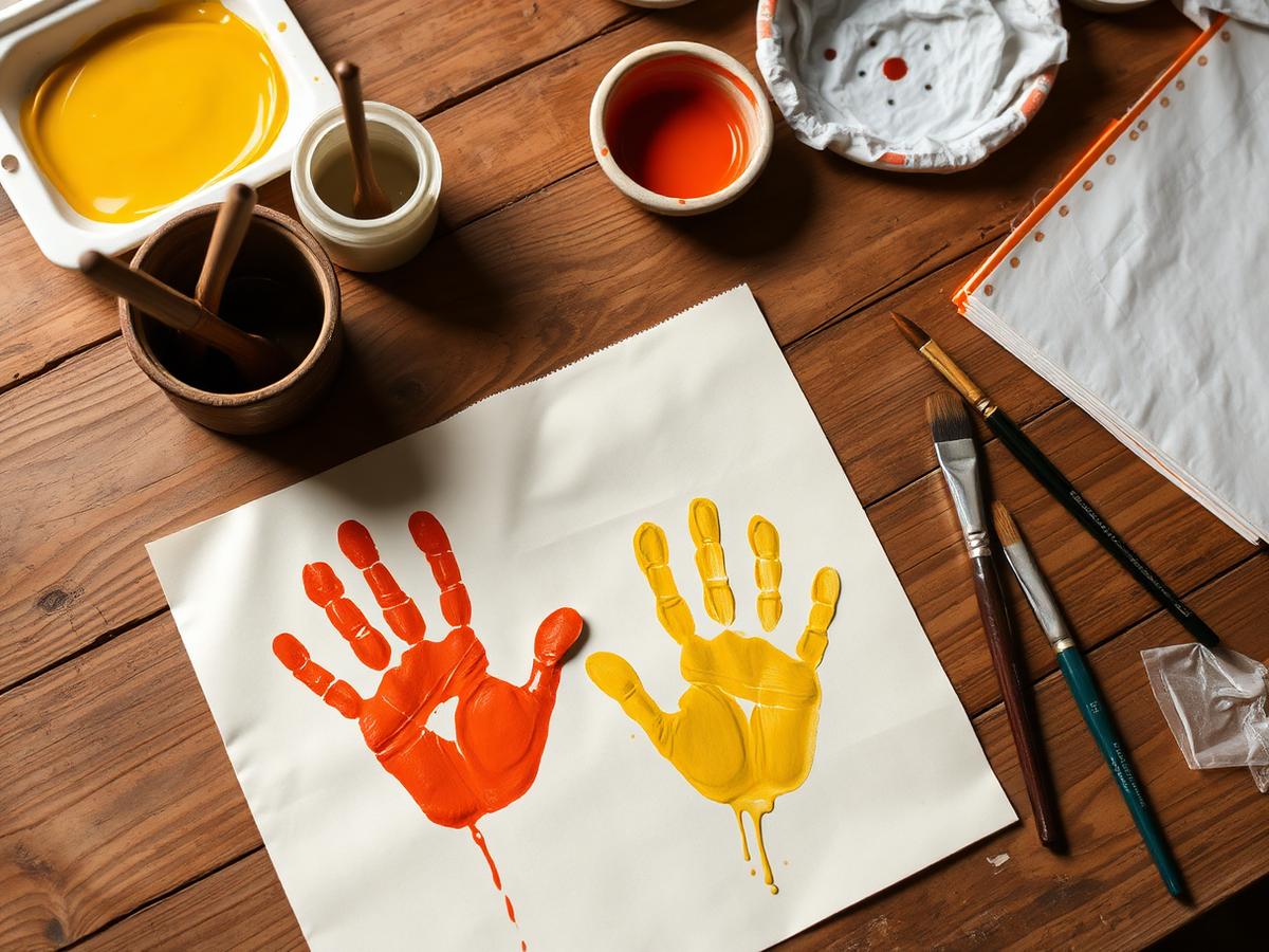 Two painted handprints in orange and yellow drying on cream paper beside paint pots and brushes on a wooden table