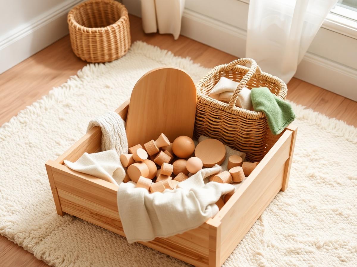 Wooden crate of natural blocks, wooden balls and fabric scraps with a wicker basket on a cream rug