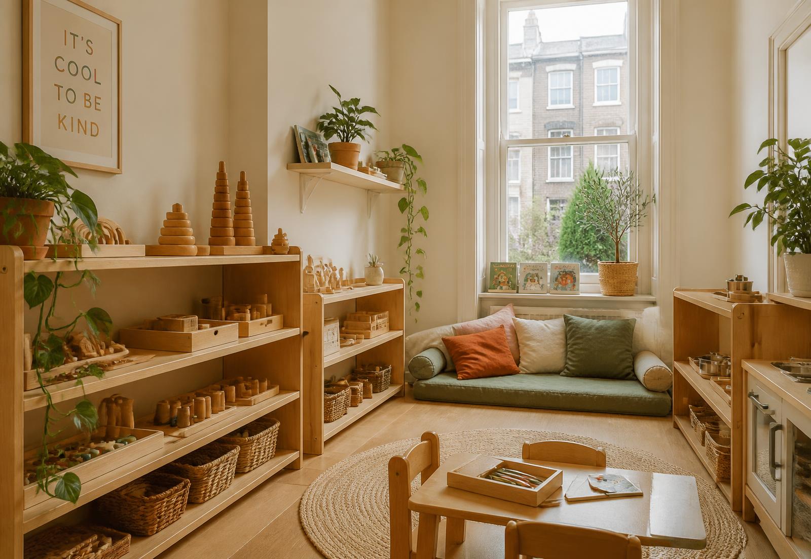 The playroom at Arinola Childcare: low wooden shelves of natural toys, a cushioned reading nook and a tall window letting in morning light
