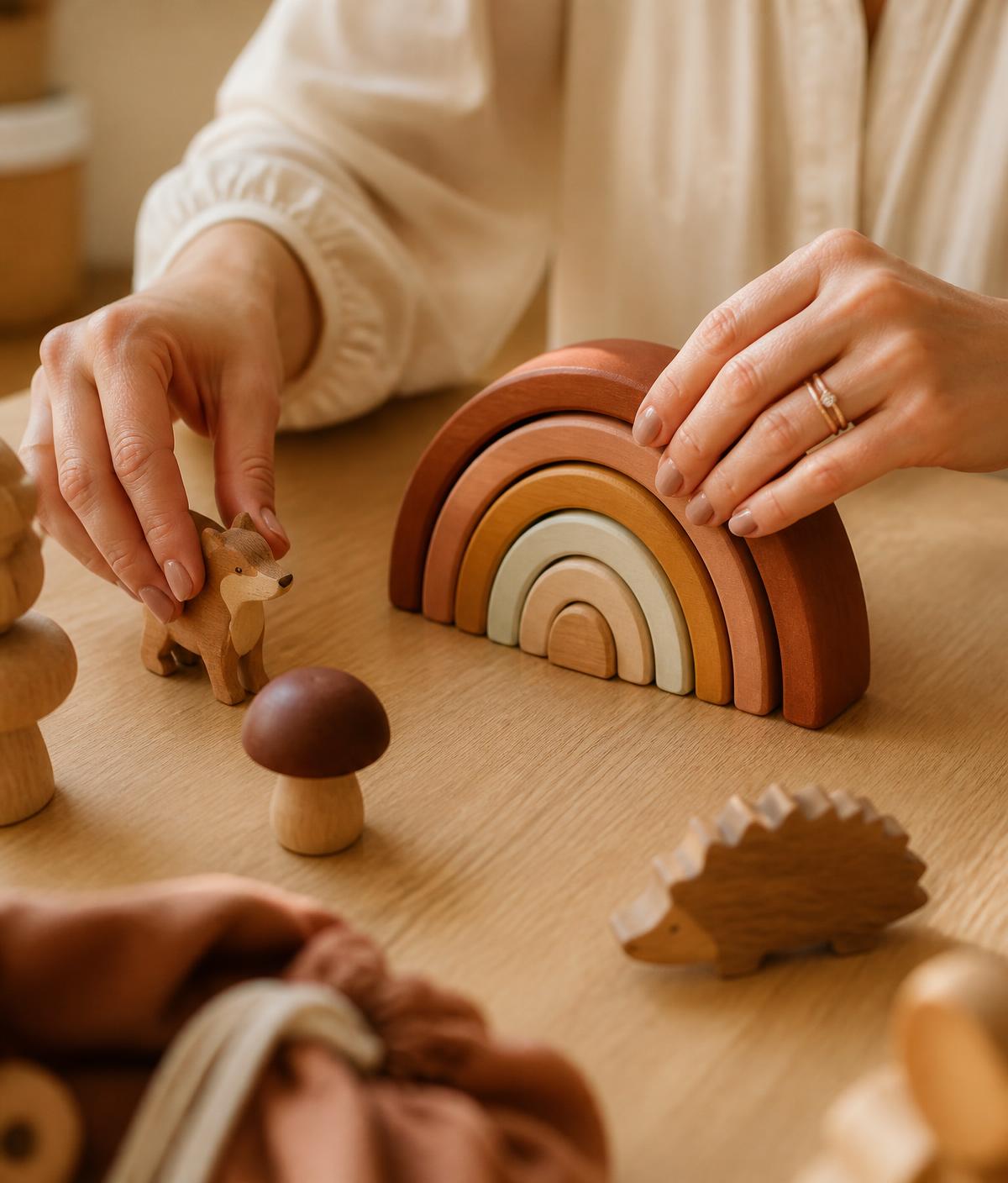 Arinola's hands setting out a wooden stacking rainbow and small carved animals on a light oak table